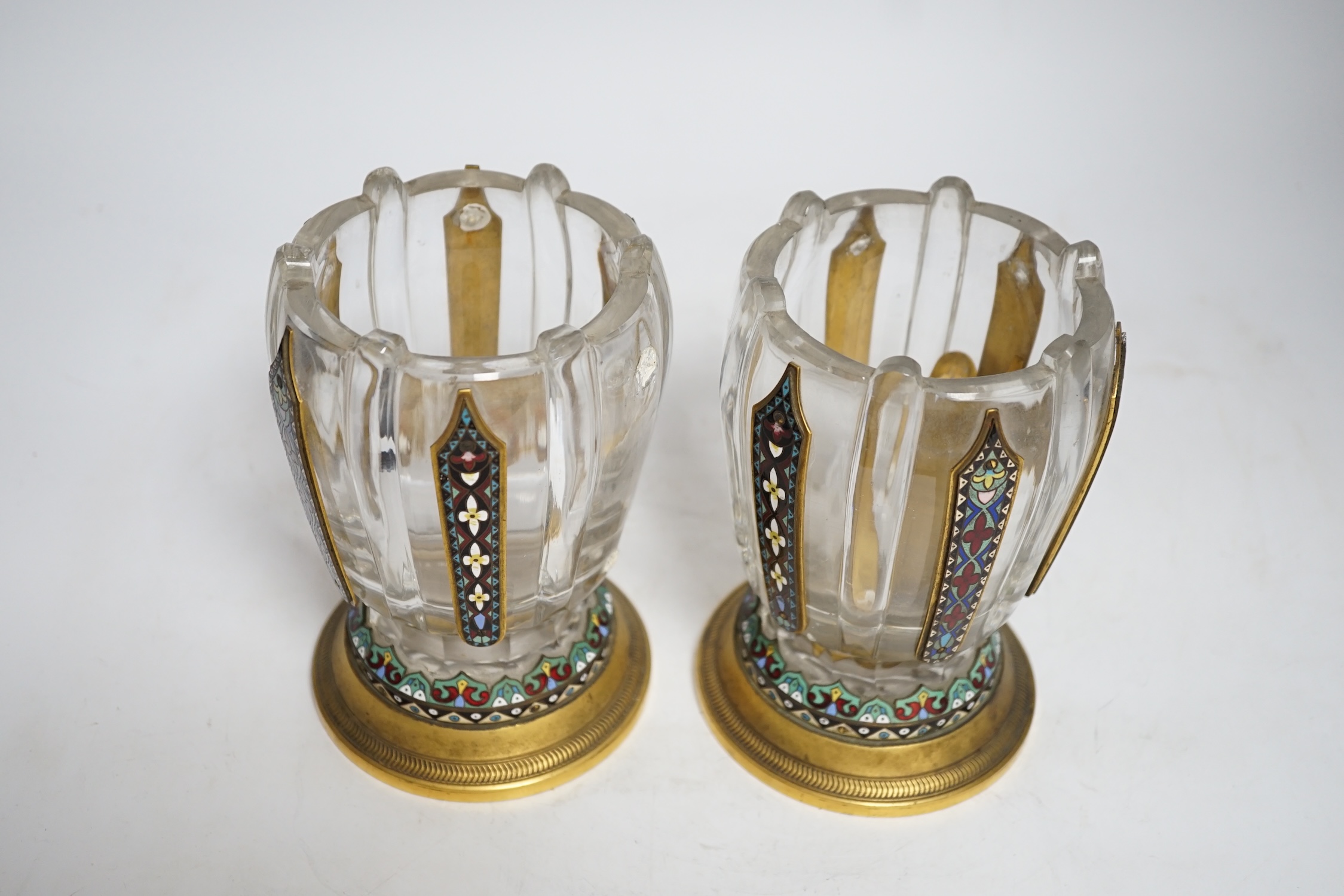 A pair of Barbedienne glass vases with champlevé enamel panels, 16.5cm high